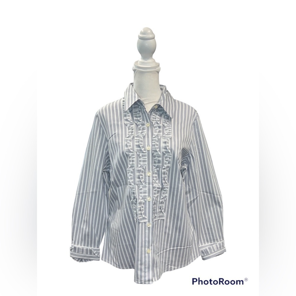 Ann Taylor Petite Black Gray White Striped Button down Dress‎ Shirt Size 14P
